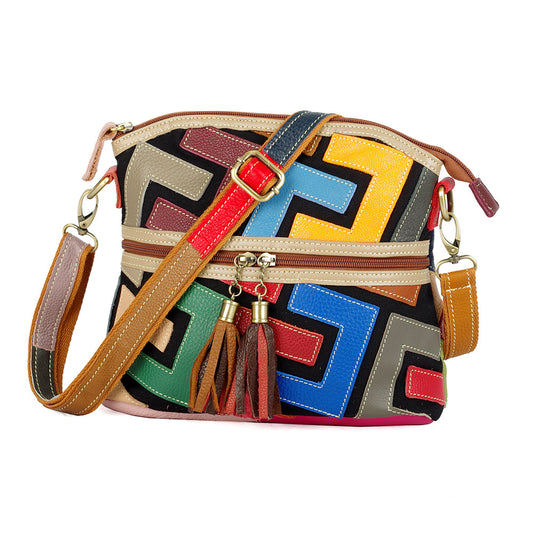 Genuine Top Layer Cowhide Handmade Patchwork Letter Small Square Bag for Women, Colorful Shell Crossbody Shoulder Purse, Trendy Casual Handbag for Ladies
