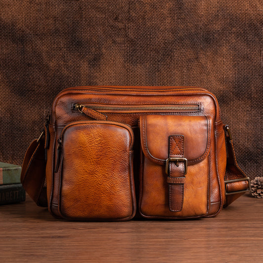 Genuine Italian Top Layer Cowhide Leather Crossbody Bag for Men, Hand-Stained Casual Shoulder Handbag, Premium Quality Top Handle Purse for Gentlemen