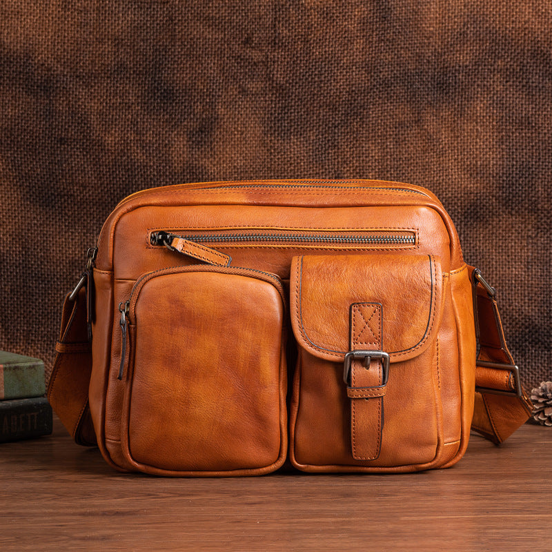 Genuine Italian Top Layer Cowhide Leather Crossbody Bag for Men, Hand-Stained Casual Shoulder Handbag, Premium Quality Top Handle Purse for Gentlemen