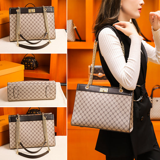New Arrival Printed Genuine Leather Tote Bag for Women, Birkin-Inspired Large Handbag with Chain Strap, Versatile Top-Handle Shoulder Crossbody Purse for Everyday Style