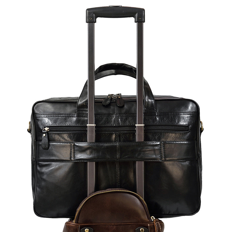 Genuine Black Cowhide Large Capacity Business Briefcase for Men, Top Handle Shoulder Crossbody Commute Laptop Bag, Premium Leather Work Bag for Gentlemen