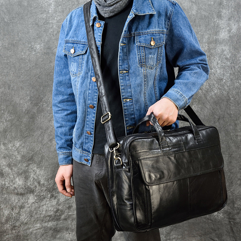 Genuine Black Cowhide Large Capacity Business Briefcase for Men, Top Handle Shoulder Crossbody Commute Laptop Bag, Premium Leather Work Bag for Gentlemen