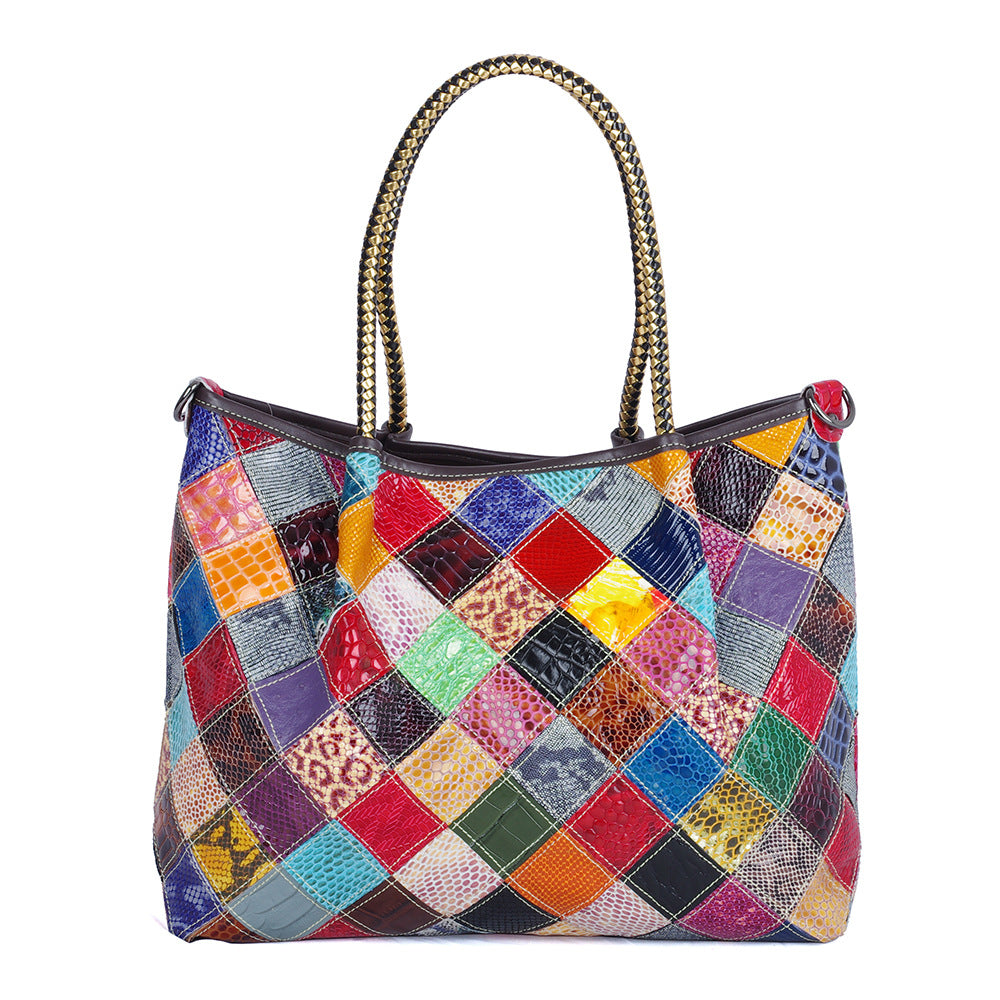 Genuine Cowhide Snakeskin Color Block Patchwork Handbag for Women, Handmade Large Capacity Crossbody Shoulder Tote Purse, Designer Leather Bag for Ladies