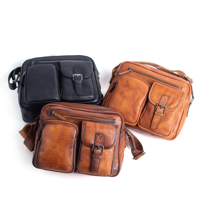 Genuine Italian Top Layer Cowhide Leather Crossbody Bag for Men, Hand-Stained Casual Shoulder Handbag, Premium Quality Top Handle Purse for Gentlemen