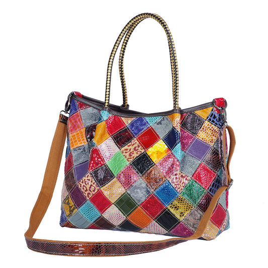 Genuine Cowhide Snakeskin Color Block Patchwork Handbag for Women, Handmade Large Capacity Crossbody Shoulder Tote Purse, Designer Leather Bag for Ladies