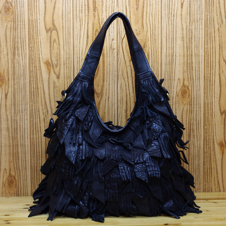 Premium Top-Layer Cowhide Leather Forest-Style Bag for Women | Colorful Tassel Color-Block Shoulder Cross-Body Handbag with Unique Artistic Flair | Trendy Bohemian Purse for Everyday Chic, Travel & Casual Outings | Statement Accessory with Vibrant Fr