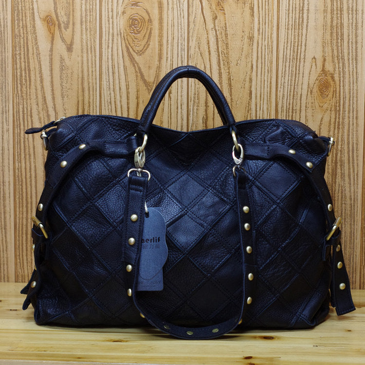 Genuine Leather Color Block Handbag for Women, Trendy Niche Design Crossbody Shoulder Bag, New Style Top Handle Purse for Ladies