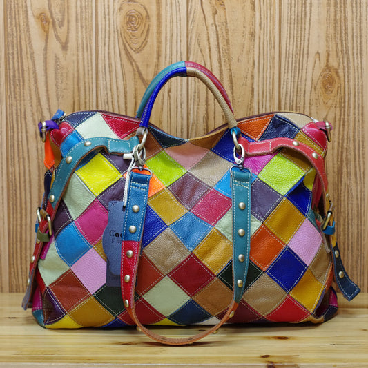 Genuine Leather Color Block Handbag for Women, Trendy Niche Design Crossbody Shoulder Bag, New Style Top Handle Purse for Ladies