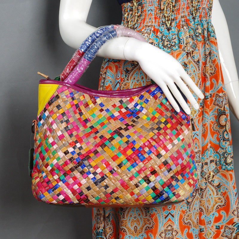 Genuine Leather Handwoven Vintage Ethnic Colorful Handbag for Women, Top Handle Crossbody Purse, Unique Bohemian Design, Casual Travel Bag for Ladies