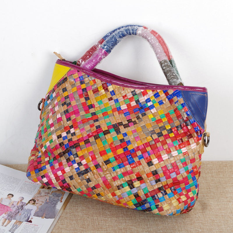 Genuine Leather Handwoven Vintage Ethnic Colorful Handbag for Women, Top Handle Crossbody Purse, Unique Bohemian Design, Casual Travel Bag for Ladies