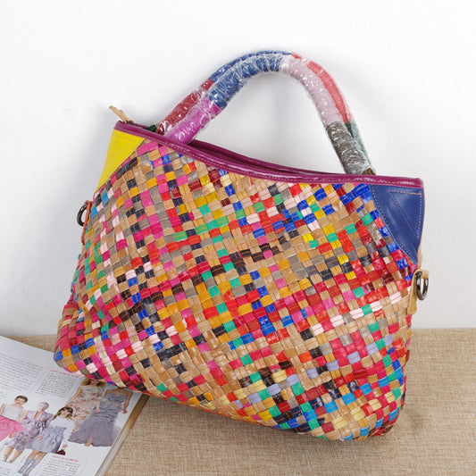 Genuine Leather Handwoven Vintage Ethnic Colorful Handbag for Women, Top Handle Crossbody Purse, Unique Bohemian Design, Casual Travel Bag for Ladies