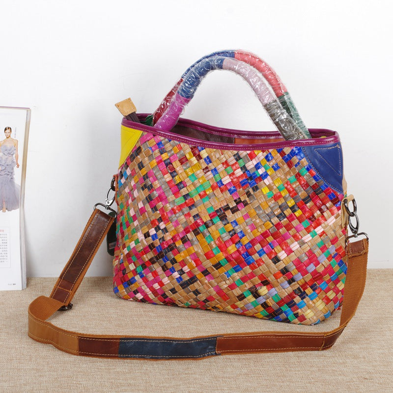Genuine Leather Handwoven Vintage Ethnic Colorful Handbag for Women, Top Handle Crossbody Purse, Unique Bohemian Design, Casual Travel Bag for Ladies
