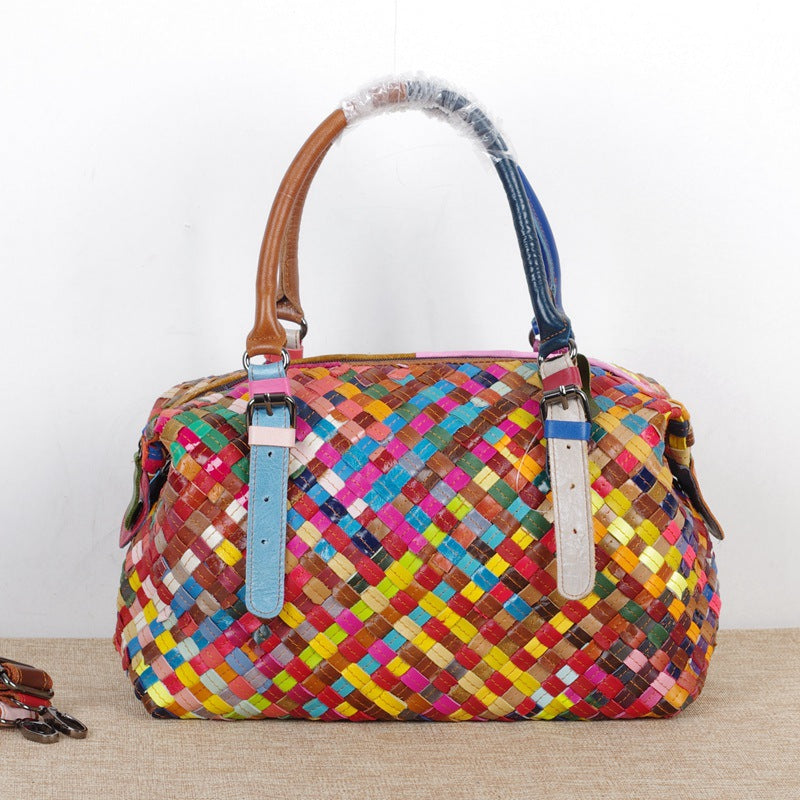 Genuine Cowhide Woven Multicolor Vintage Handbag for Women, Casual Lock Buckle Top Handle Crossbody Purse, Multi-Compartment Designer Bag for Ladies