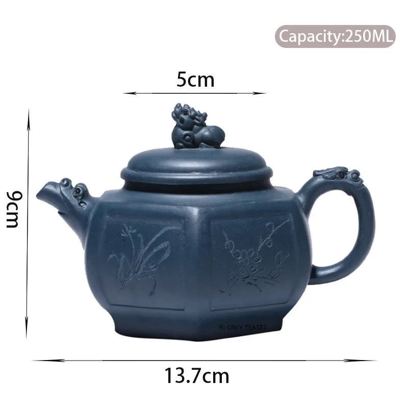 250ml Chinese Yixing Purple Clay Teapots Raw Ore Azure Mud Handmade Hexagonal Shape Tea Pot Kettle Zisha Tea Set Teaware