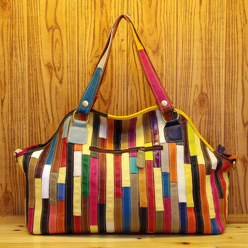 Genuine Cowhide Colorful Patchwork Handbag for Women, New Arrival European Style Unique Design Shoulder Crossbody Purse, Large Capacity Bag for Ladies