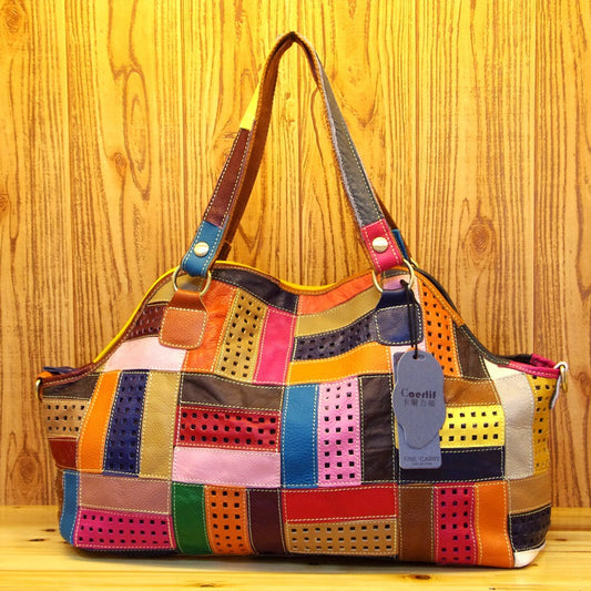 Genuine Cowhide Colorful Patchwork Handbag for Women, New Arrival European Style Unique Design Shoulder Crossbody Purse, Large Capacity Bag for Ladies