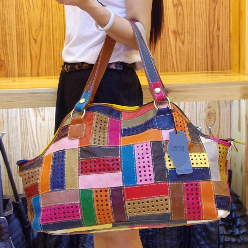 Genuine Cowhide Colorful Patchwork Handbag for Women, New Arrival European Style Unique Design Shoulder Crossbody Purse, Large Capacity Bag for Ladies