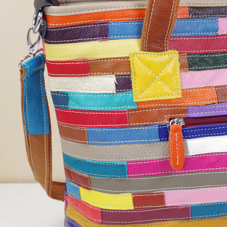 Genuine Top Layer Cowhide Color Block Striped Handbag for Women, New Arrival Fashionable Shoulder Purse, Trendy Casual Bag for Ladies