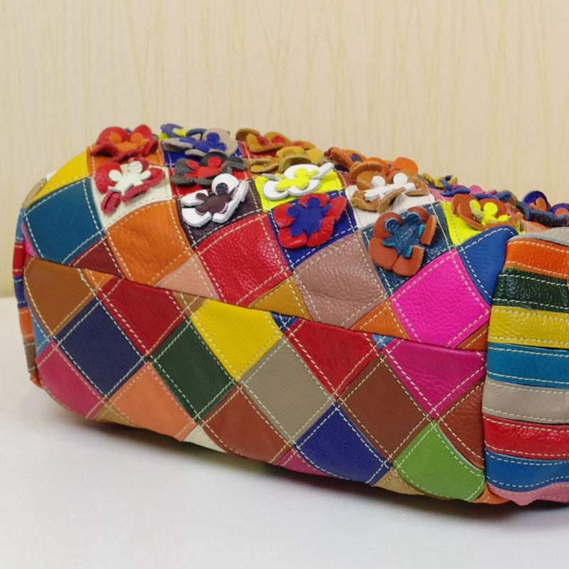 Premium Top-Layer Cowhide Leather Floral Color-Block Cross-Body Bag for Women | New Large Casual Ethnic Style Handbag with Unique Artistic Design | Spacious Purse for Work, Errands, Travel & Everyday Chic | Trendy Statement Accessory with Bohemian Fl