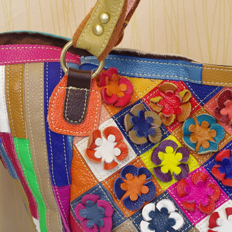 Premium Top-Layer Cowhide Leather Floral Color-Block Cross-Body Bag for Women | New Large Casual Ethnic Style Handbag with Unique Artistic Design | Spacious Purse for Work, Errands, Travel & Everyday Chic | Trendy Statement Accessory with Bohemian Fl