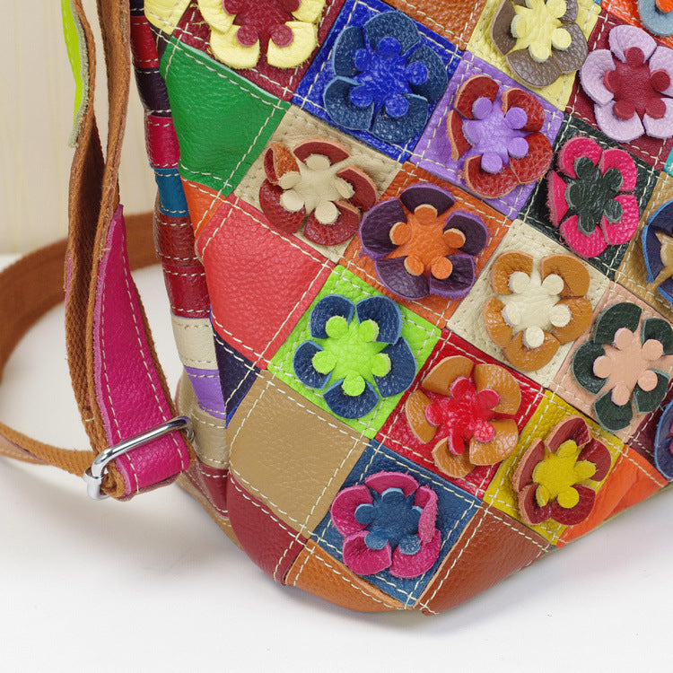 Genuine Top Layer Cowhide Ethnic Color Block Patchwork Tote Bag for Women, New Arrival Fashionable Shoulder Handbag, Trendy Bohemian Purse for Ladies