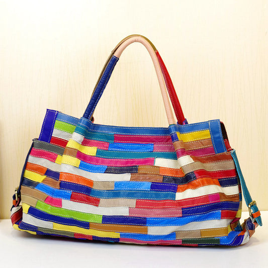 Genuine Top Layer Cowhide Striped Patchwork Handbag for Women, Minimalist Versatile Large Shoulder Crossbody Purse, New Arrival Everyday Bag for Ladies