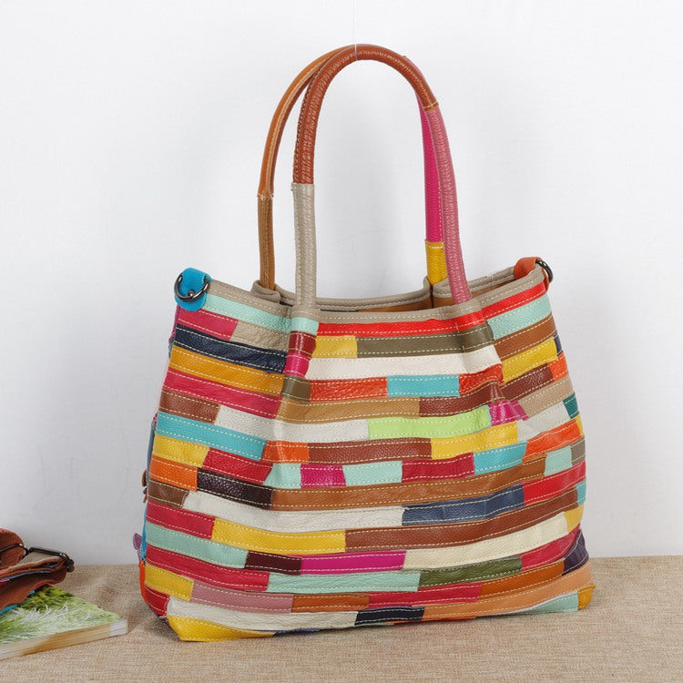 Genuine Leather Bohemian Floral Color Block Woven Tote Bag for Women, Designer Casual Shoulder Crossbody Handbag, Trendy Boho Purse for Ladies