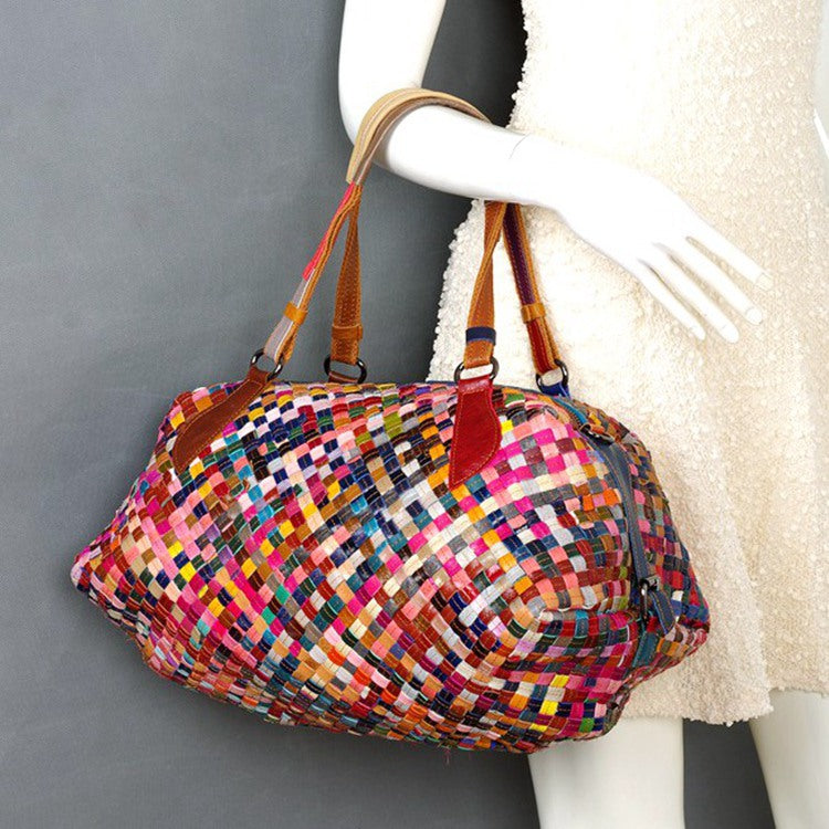 Colorful Patchwork Woven Genuine Leather Tote, Large Capacity Travel Shoulder Crossbody Bag, Designer Handbag for Women