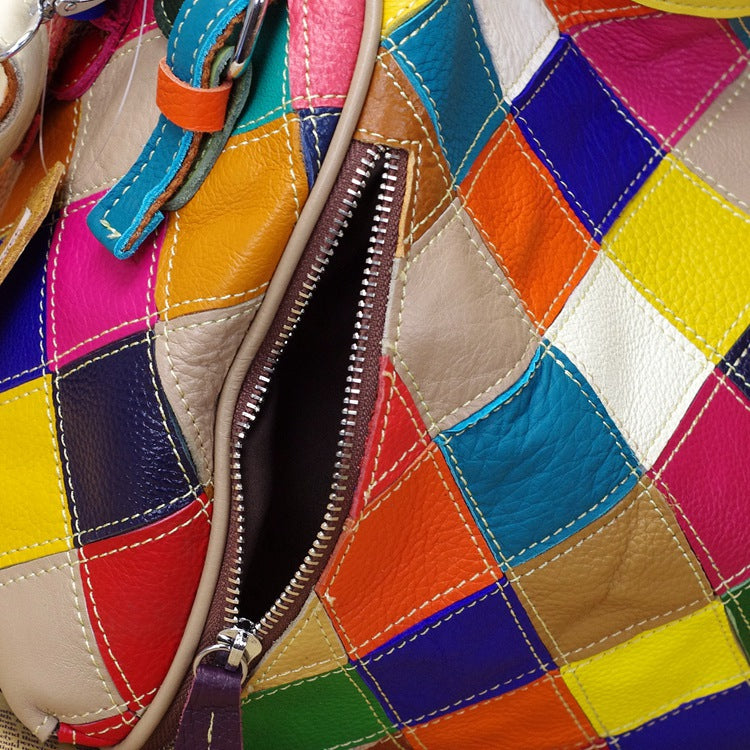 Premium Genuine Leather Colorful Patchwork Bag for Women | Trendy Scrap Leather Paneled Top-Handle Shoulder Handbag with Unique Artistic Design | Fashionable Casual Purse for Work, Errands & Everyday Chic | One-of-a-Kind Statement Accessory with Vibr
