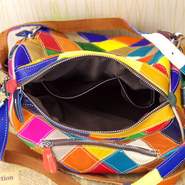 Premium Genuine Leather Colorful Patchwork Bag for Women | Trendy Scrap Leather Paneled Top-Handle Shoulder Handbag with Unique Artistic Design | Fashionable Casual Purse for Work, Errands & Everyday Chic | One-of-a-Kind Statement Accessory with Vibr