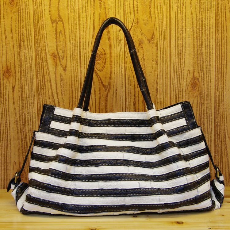 Genuine Top Layer Cowhide Striped Patchwork Handbag for Women, Minimalist Versatile Large Shoulder Crossbody Purse, New Arrival Everyday Bag for Ladies