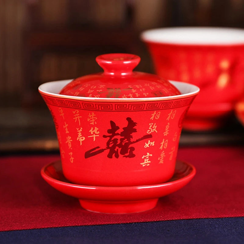 2pcs Chinese Ceramic Tea Tureen Handmade Boutique Gaiwan Tea Bowl Red Teaware Supplies Portable with Lid Teacup Wedding Tea Set
