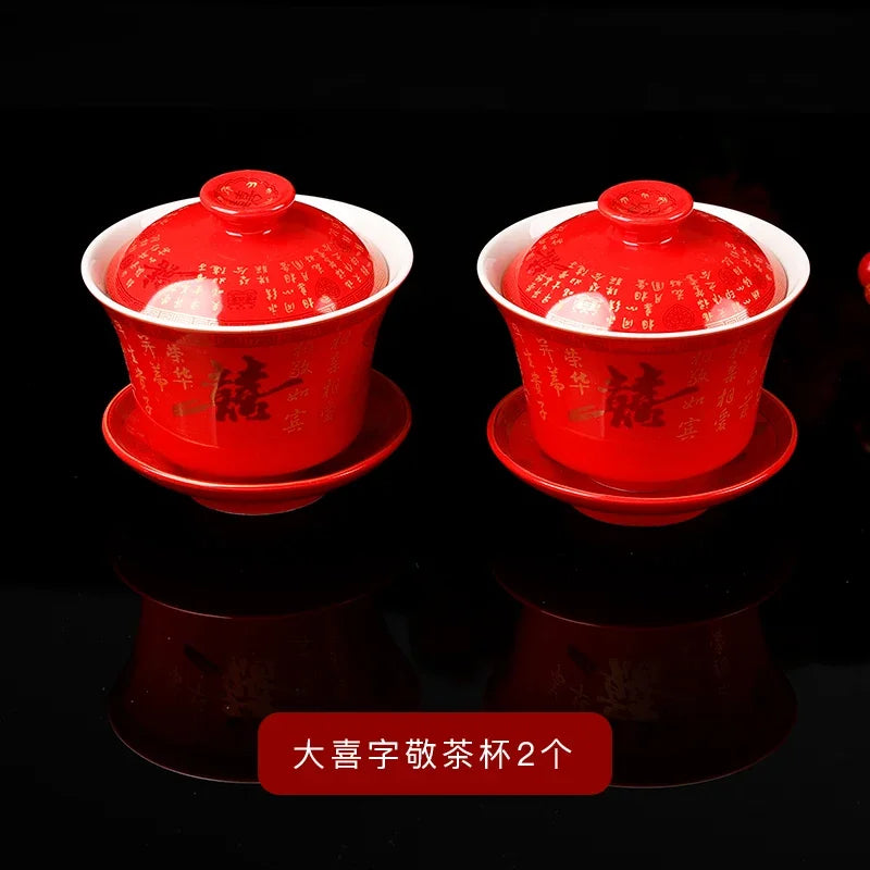 2pcs Chinese Ceramic Tea Tureen Handmade Boutique Gaiwan Tea Bowl Red Teaware Supplies Portable with Lid Teacup Wedding Tea Set