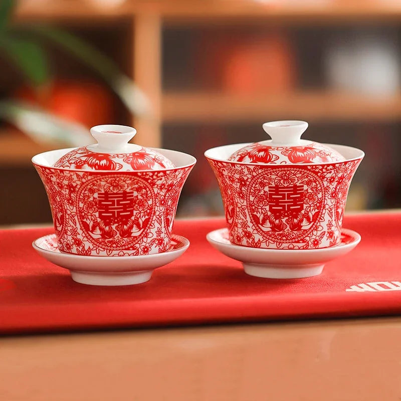 2pcs Chinese Wedding Tea Set Red Ceramic Gaiwan Teapot High Quality Porcelain with Cover Teacup Portable Tea Maker Home Teaware
