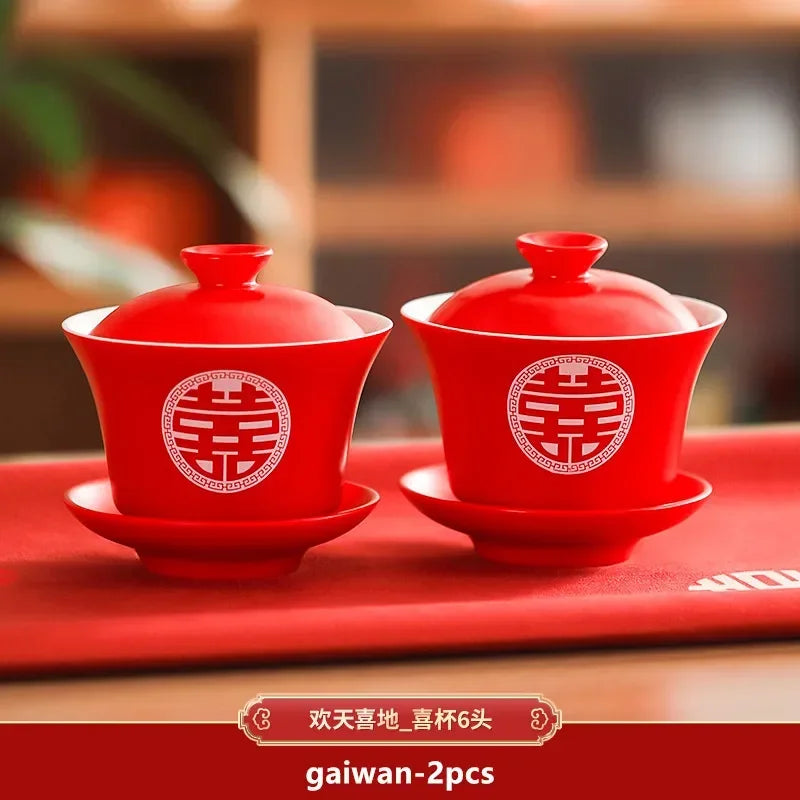2pcs Chinese Wedding Tea Set Red Ceramic Gaiwan Teapot High Quality Porcelain with Cover Teacup Portable Tea Maker Home Teaware