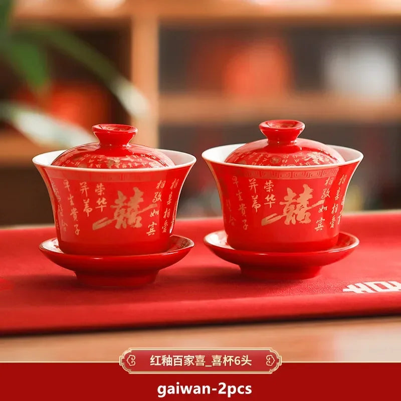 2pcs Chinese Wedding Tea Set Red Ceramic Gaiwan Teapot High Quality Porcelain with Cover Teacup Portable Tea Maker Home Teaware