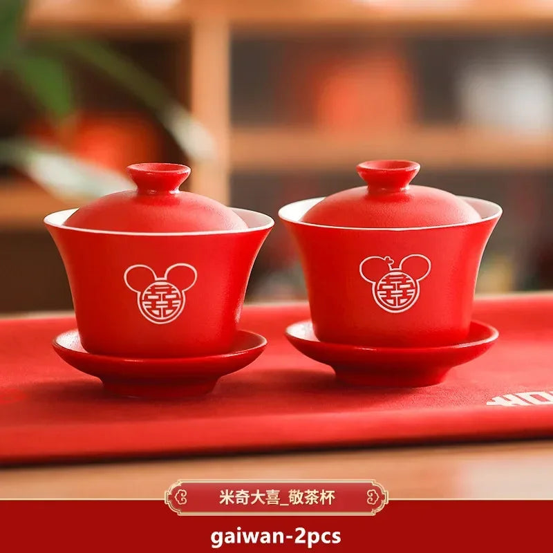 2pcs Chinese Wedding Tea Set Red Ceramic Gaiwan Teapot High Quality Porcelain with Cover Teacup Portable Tea Maker Home Teaware