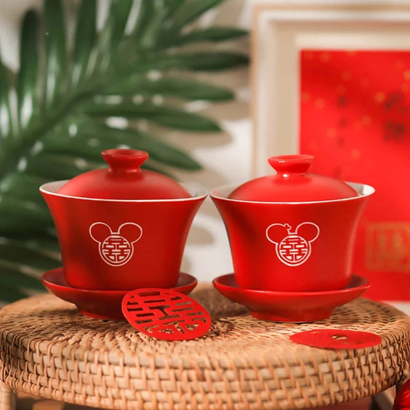2pcs Chinese Wedding Tea Set Red Ceramic Gaiwan Teapot High Quality Porcelain with Cover Teacup Portable Tea Maker Home Teaware