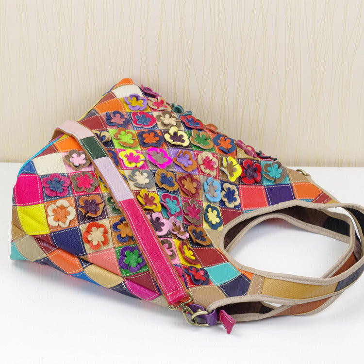 Premium Top-Layer Cowhide Leather Patchwork Bag for Women | Colorful Shoulder Cross-Body 2-in-1 Handbag with Unique Artistic Design | Versatile Purse for Everyday Chic, Work, Errands & Travel | Trendy Statement Accessory with Vibrant Personality & So
