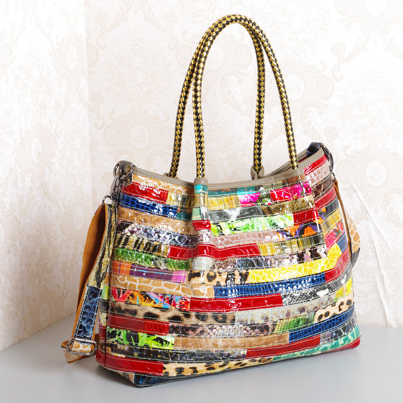 Genuine Cowhide Snakeskin Color Block Patchwork Handbag for Women, Handmade Large Capacity Crossbody Shoulder Tote Purse, Designer Leather Bag for Ladies