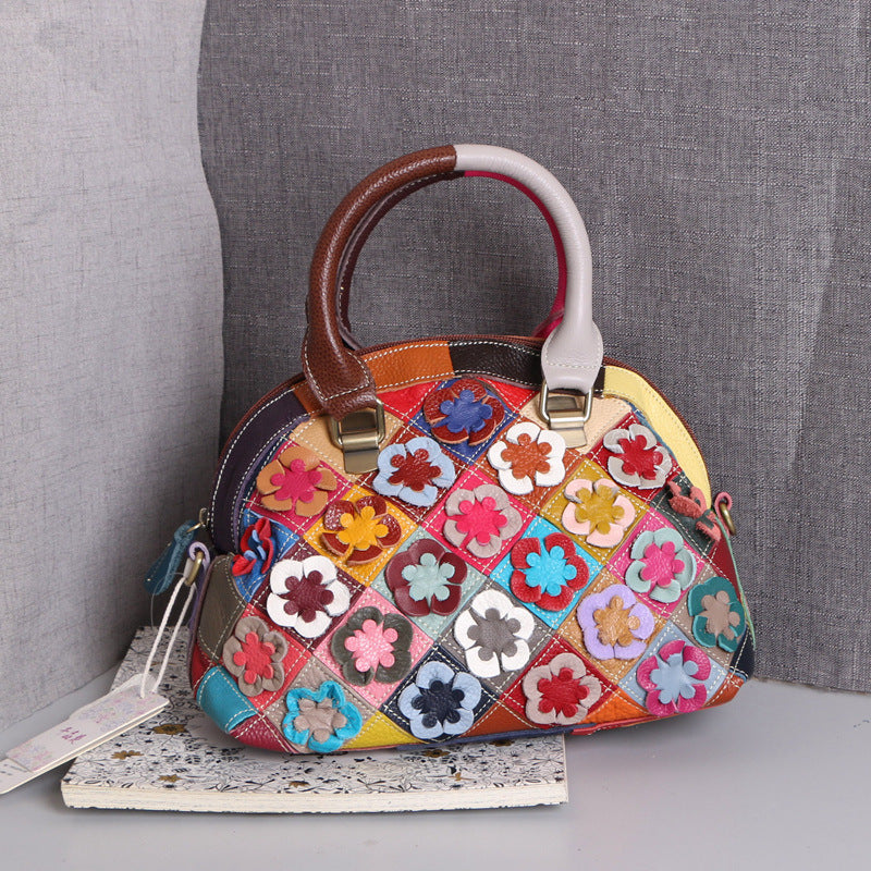 Genuine Cowhide Handmade Colorful Butterfly Floral Shell Bag for Women, New Arrival Casual Trendy Shoulder Top Handle Purse, Unique Designer Handbag for Ladies