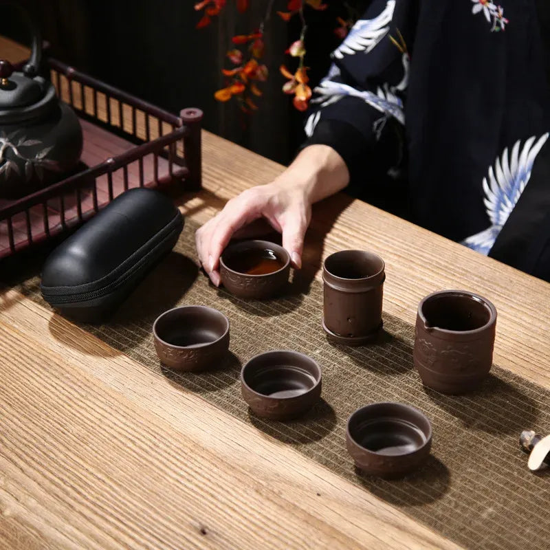 4Pcs Purple Clay Tea Cups 1Piece Teapot & Tea Filter All in A Portable Bag Chinese Tea Culture KungFu Tea Set Travel Tea Bag