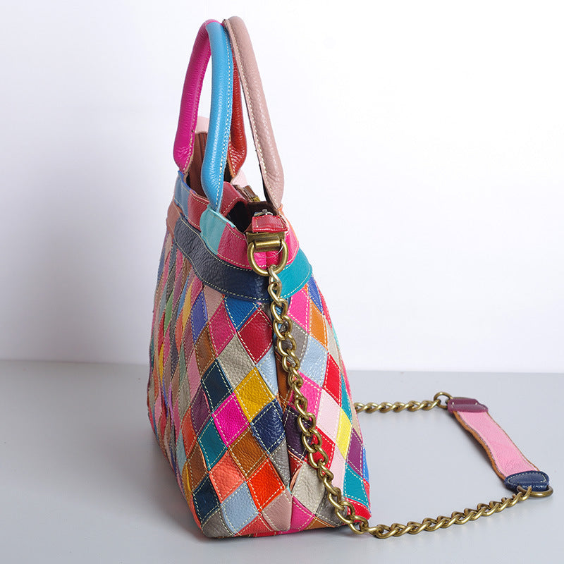 Genuine Leather Multicolor Patchwork Handbag for Women, Diamond Quilted Color Block Chain Top Handle Shoulder Purse, Handmade Trendy Bag for Ladies