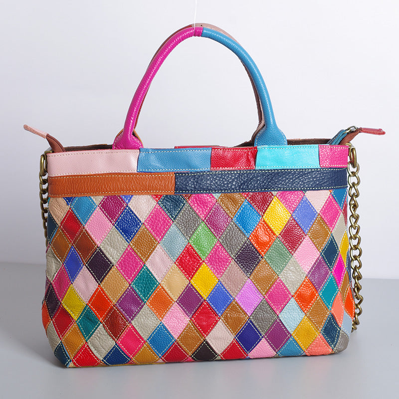 Genuine Leather Multicolor Patchwork Handbag for Women, Diamond Quilted Color Block Chain Top Handle Shoulder Purse, Handmade Trendy Bag for Ladies