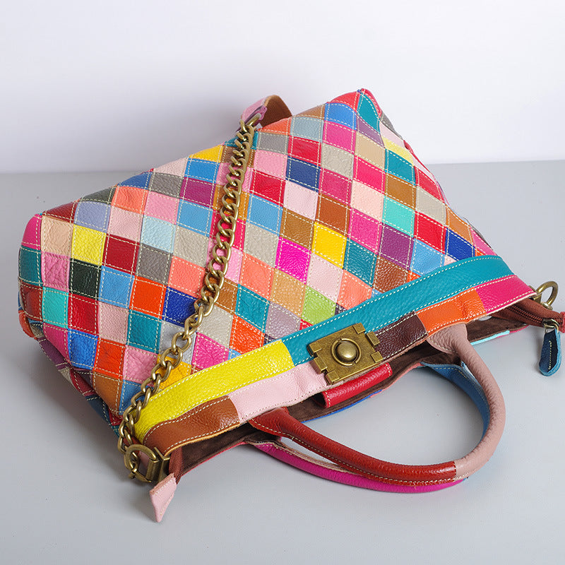 Genuine Leather Multicolor Patchwork Handbag for Women, Diamond Quilted Color Block Chain Top Handle Shoulder Purse, Handmade Trendy Bag for Ladies