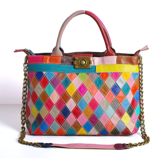 Genuine Leather Multicolor Patchwork Handbag for Women, Diamond Quilted Color Block Chain Top Handle Shoulder Purse, Handmade Trendy Bag for Ladies