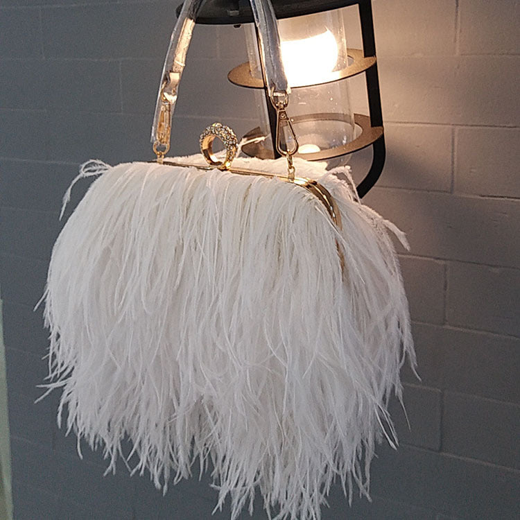 Genuine Ostrich Feather Evening Bag for Women, Fashionable Chain Shoulder Purse, Trendy Clutch Handbag for Parties and Weddings