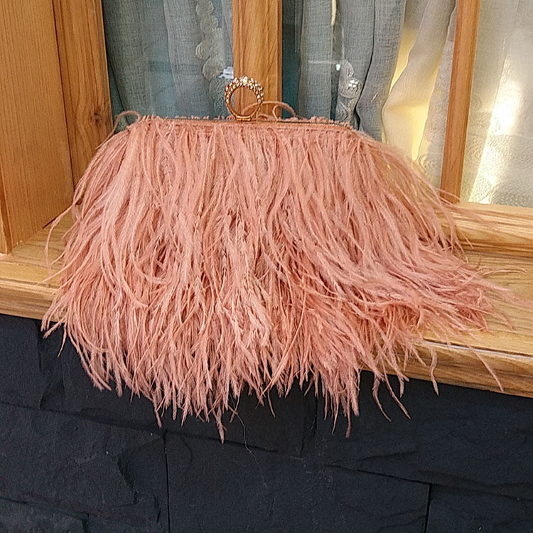 Genuine Ostrich Feather Evening Bag for Women, Fashionable Chain Shoulder Purse, Trendy Clutch Handbag for Parties and Weddings