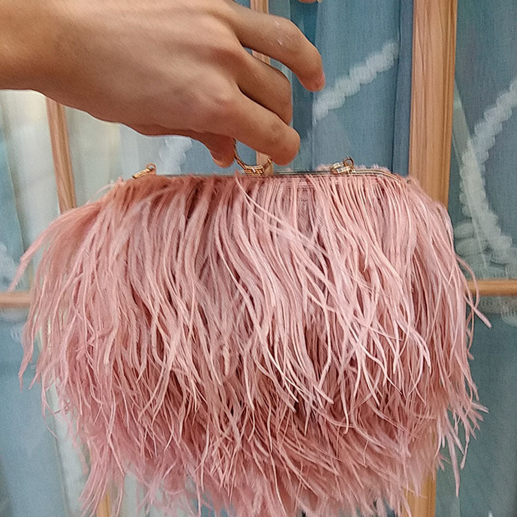 Genuine Ostrich Feather Evening Bag for Women, Fashionable Chain Shoulder Purse, Trendy Clutch Handbag for Parties and Weddings