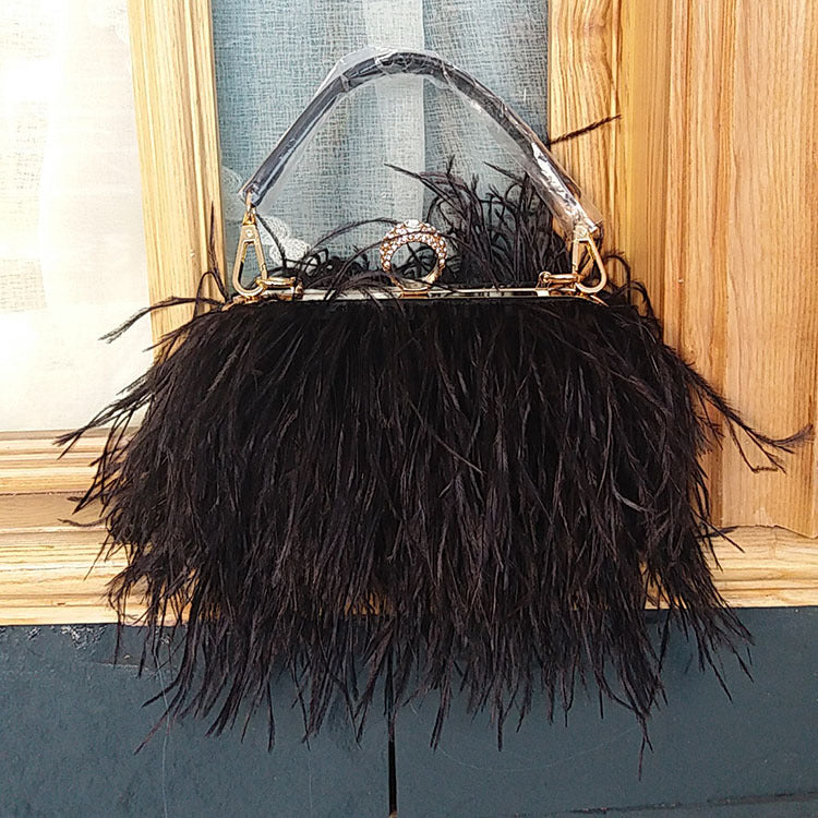 Genuine Ostrich Feather Evening Bag for Women, Fashionable Chain Shoulder Purse, Trendy Clutch Handbag for Parties and Weddings